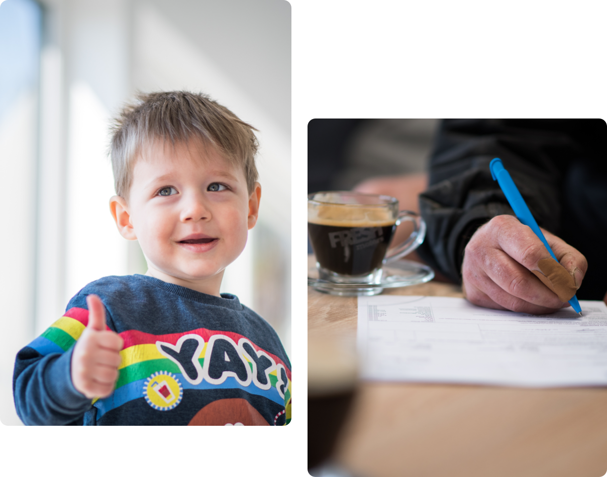 Happy child and father signing contract