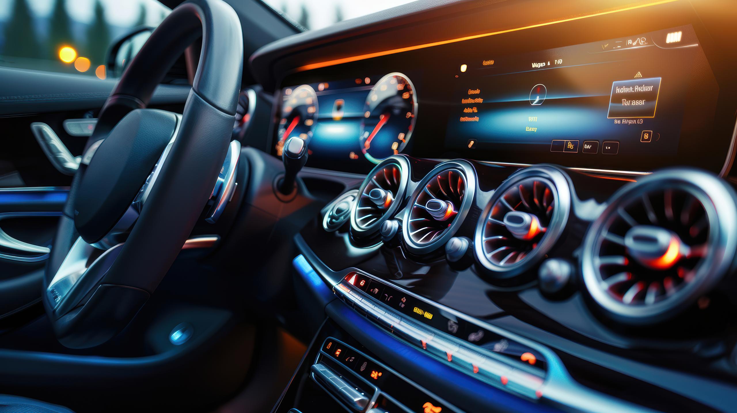 Stock photo of a stylish car interior featuring advanced displays and controls.