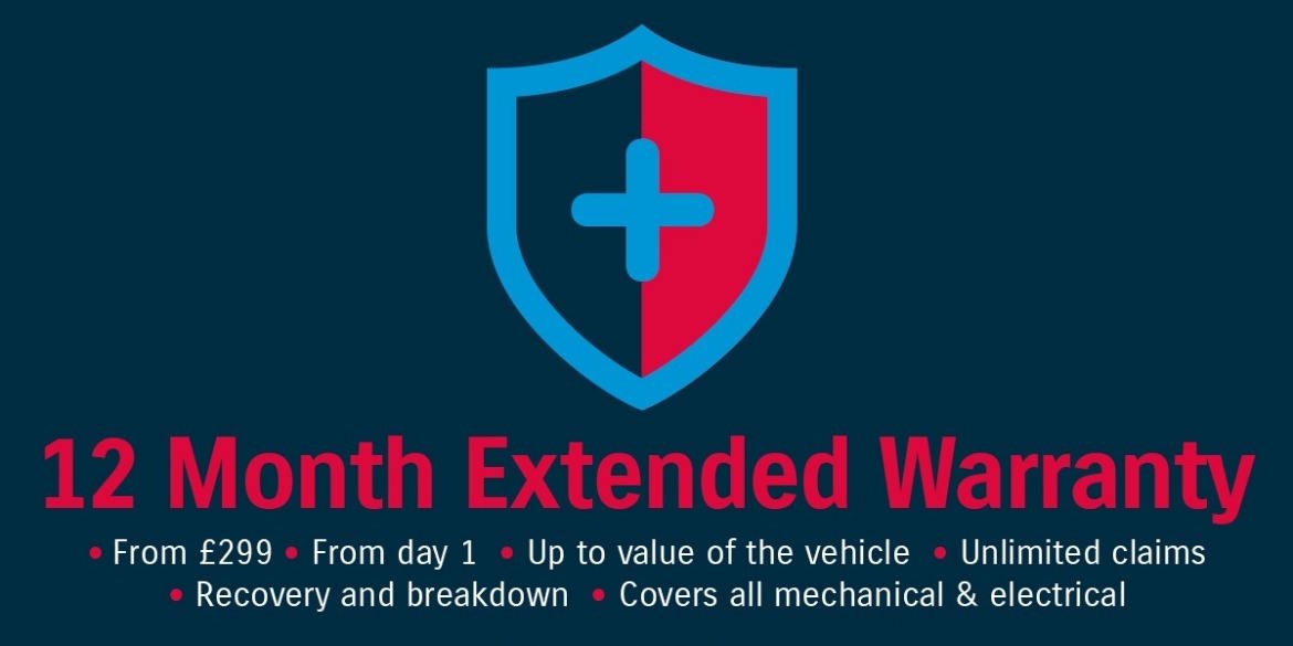 Promotional banner for 12 month extended warranty from £299, featuring a protective shield icon with key benefits including unlimited claims and full mechanical coverage.