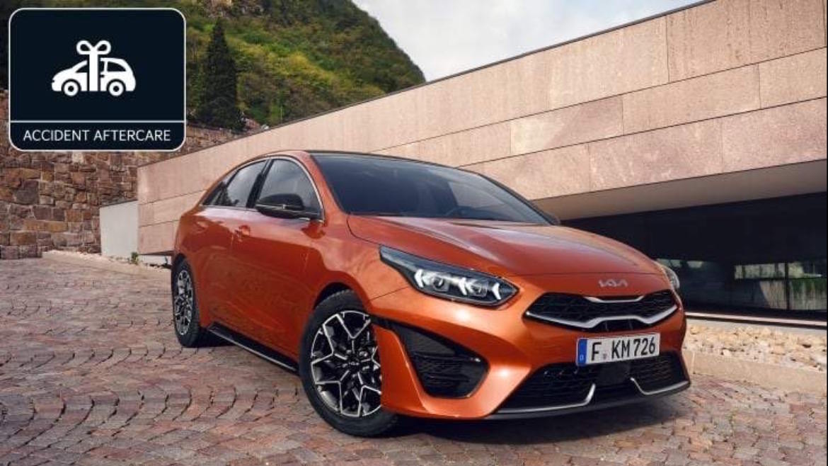 Accident aftercare service promoted alongside a Kia vehicle, offering support following an accident.
