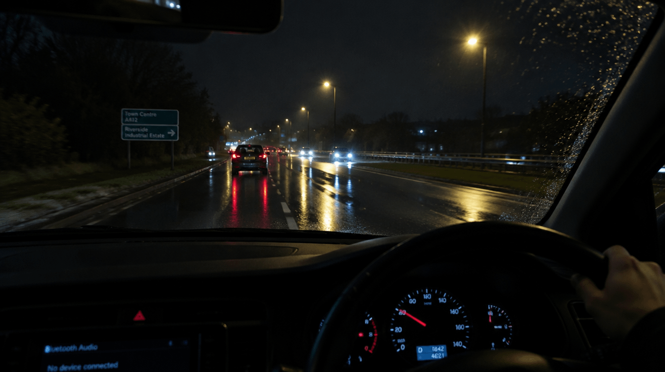 Nighttime view through a clear windscreen on a wet road