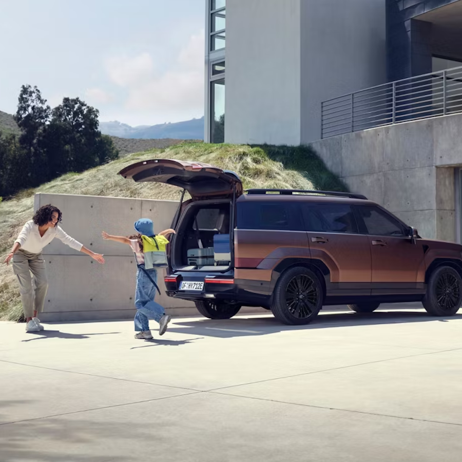 kid and mum embracing infront of car