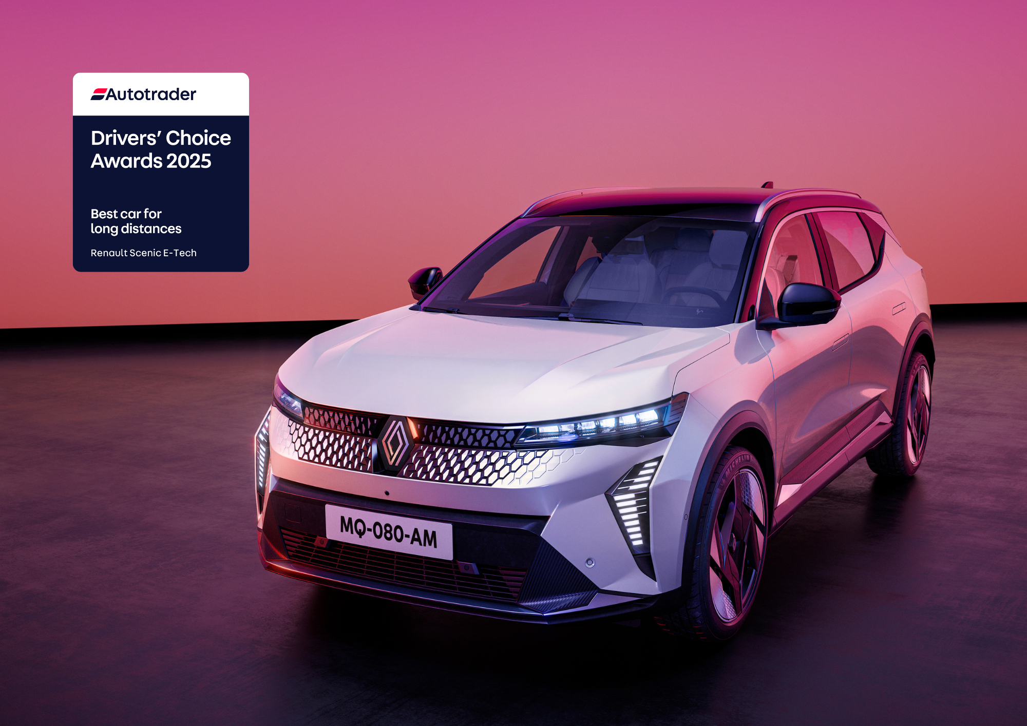 White Renault Scenic electric car in cinematic background