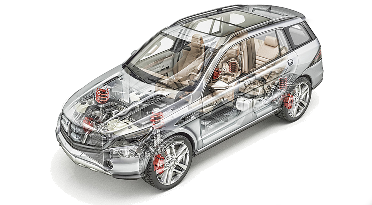 Transparent view of a car showing internal components including engine, suspension and drivetrain.