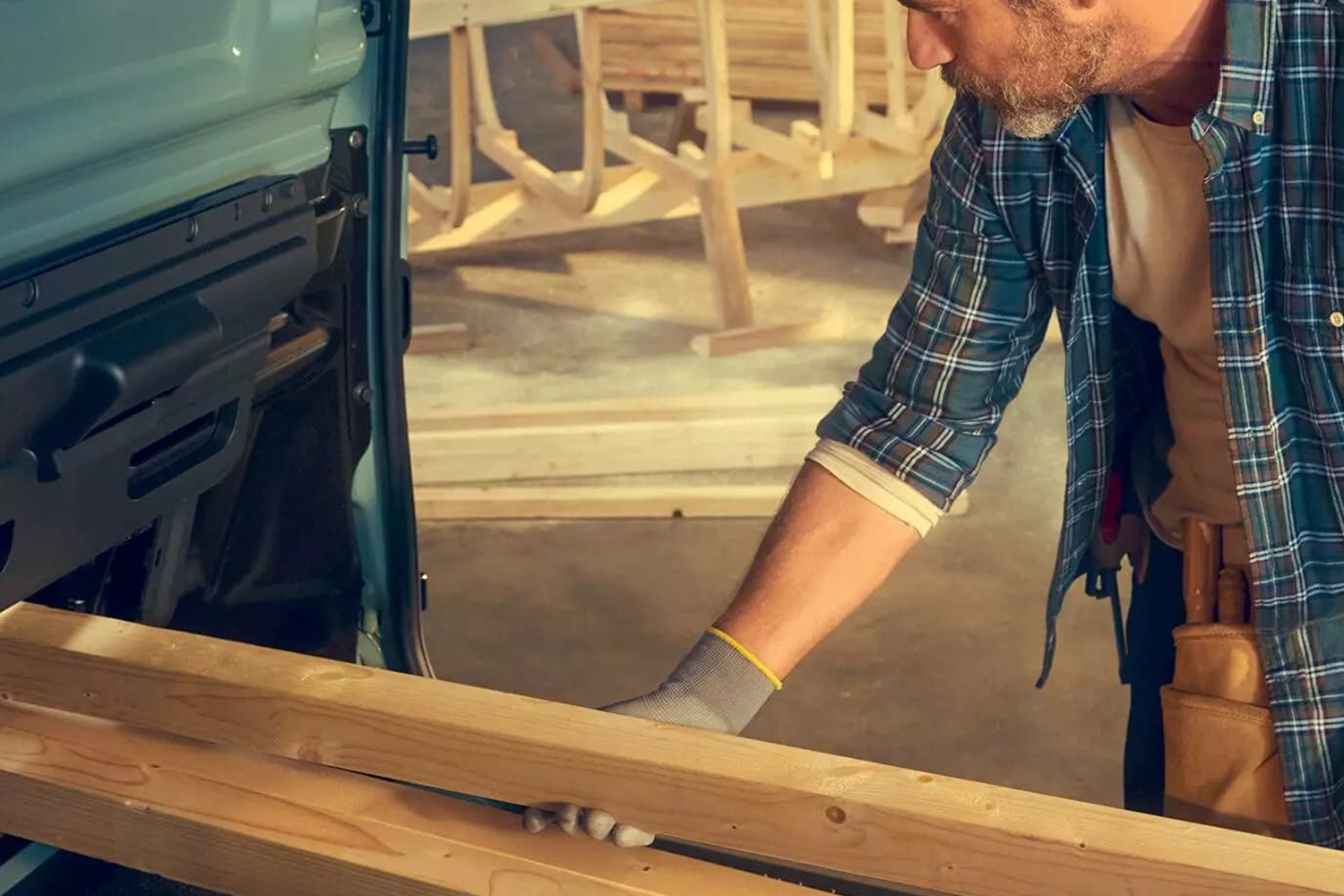 wood being packed in a van
