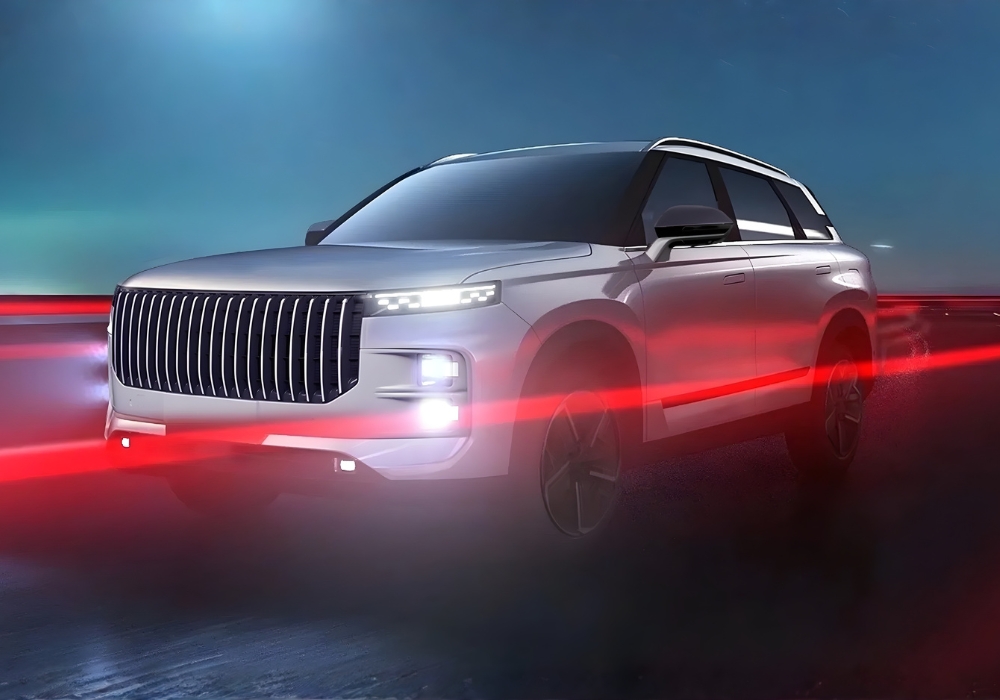 White Jaecoo 7 SUV driving at night with red light trails emphasizing motion and modern lighting design.