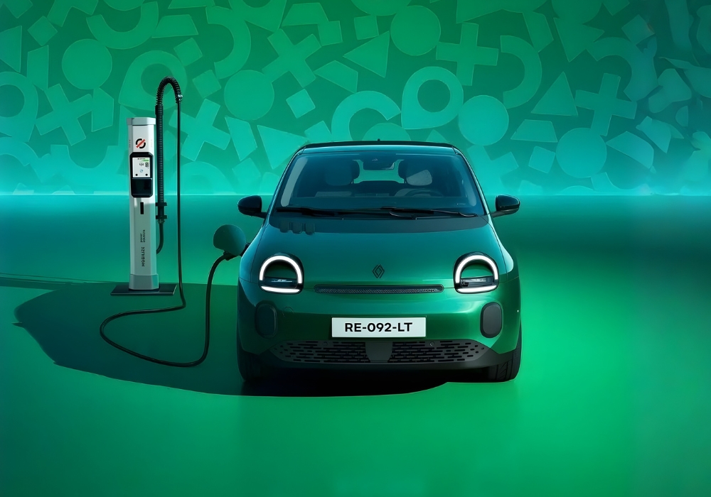 Front view of a green Renault Twingo charging beside a charging point on a matching studio background.