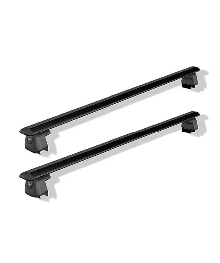 Pair of black roof cross bars designed for mounting on vehicle roof rails for additional cargo carrying.
