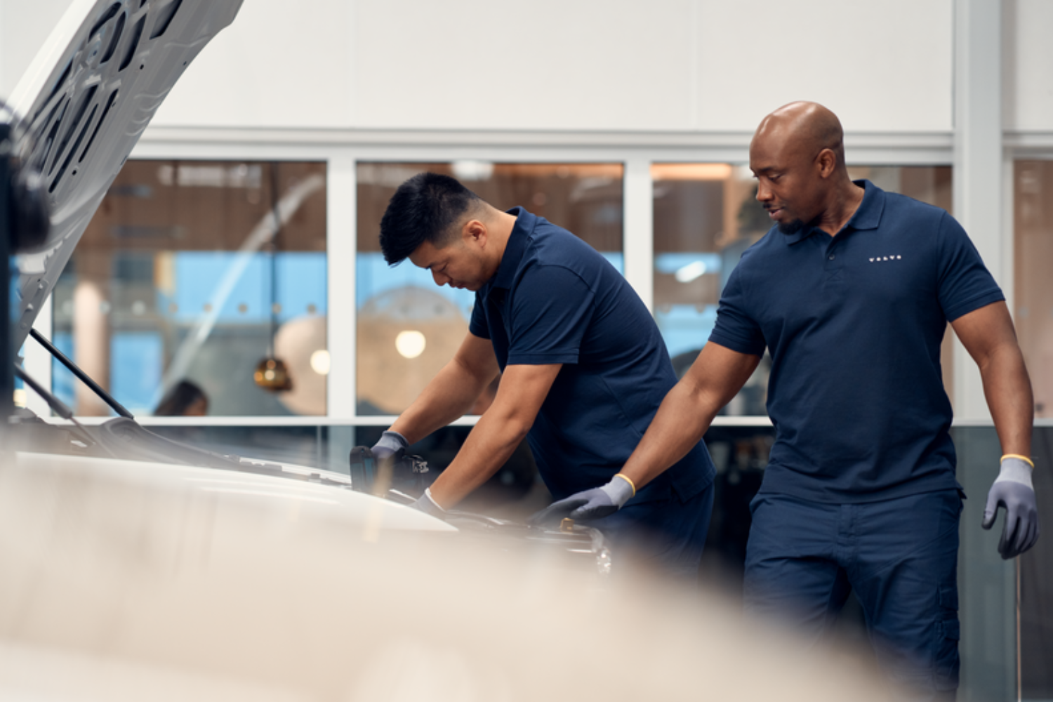 Two technicians servicing a car engine in workshop.