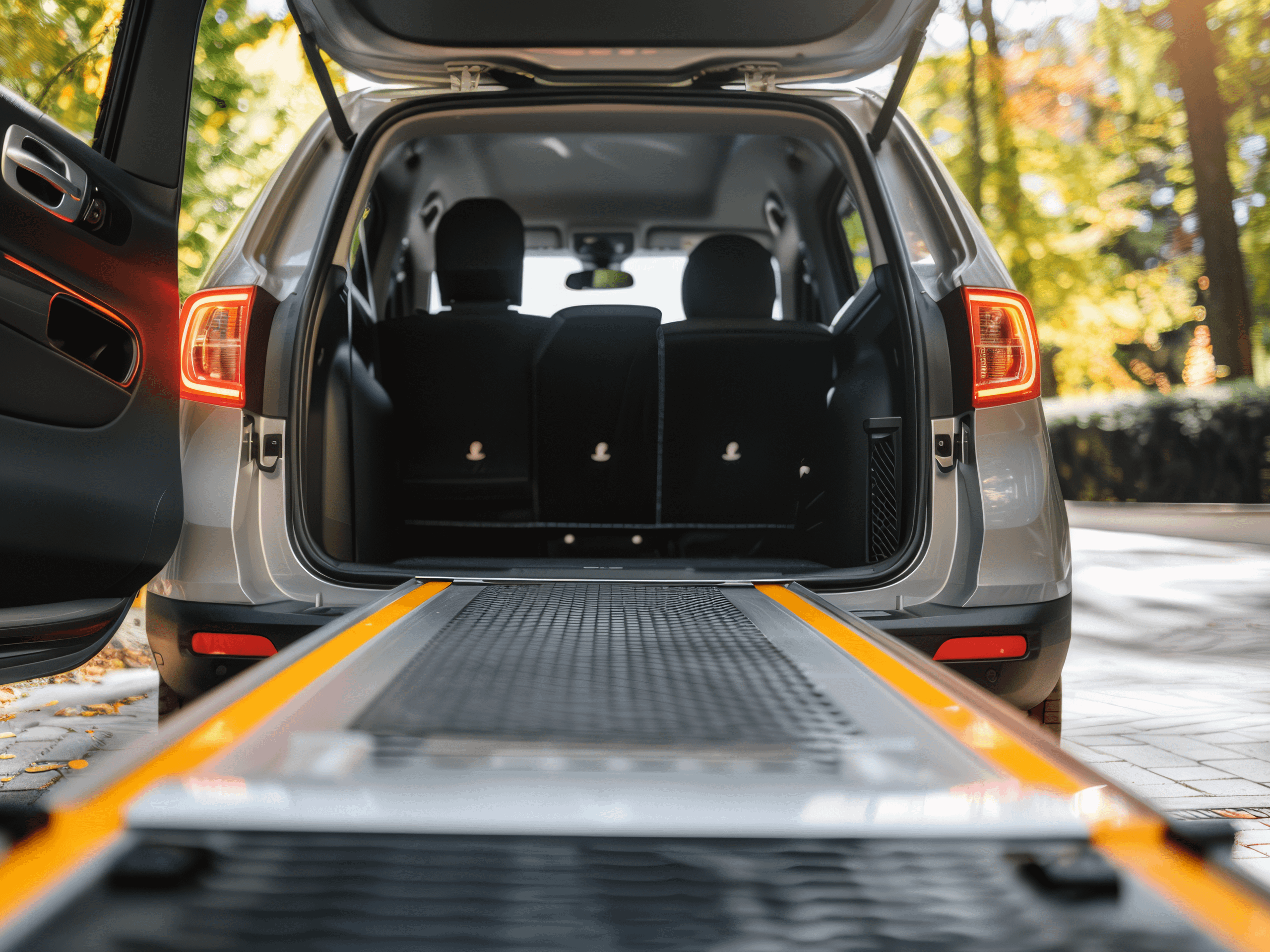 Car with a motability ramp coming out of the boot