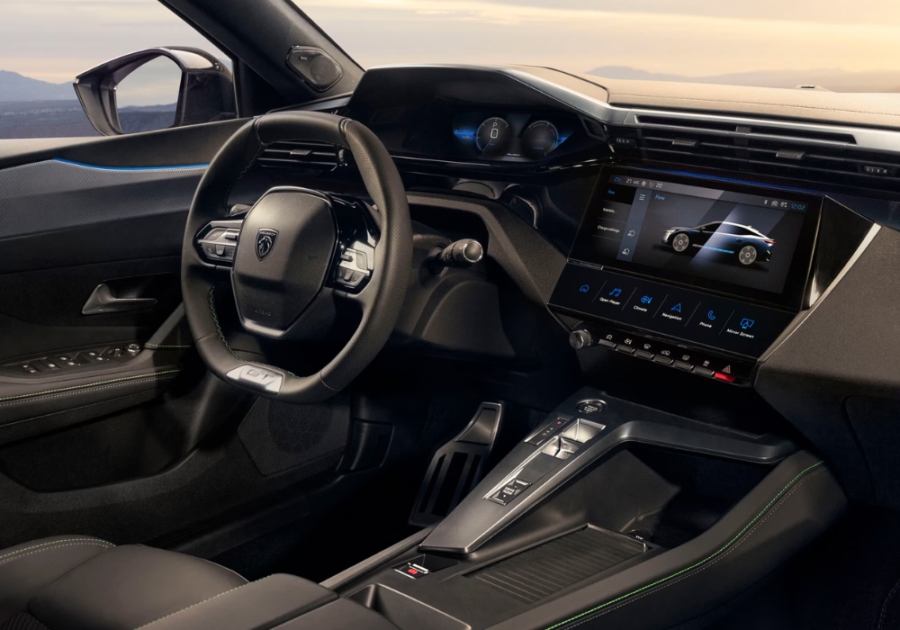 Interior of Peugeot 408 featuring steering wheel, digital instrument cluster, and central touchscreen with vehicle interface displayed.