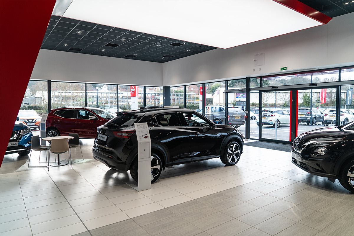 Nissan cars in showroom
