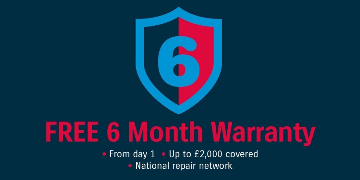 Free 6 month warranty promotional banner featuring shield emblem, offering coverage from day one up to £2,000 with national repair network access.
