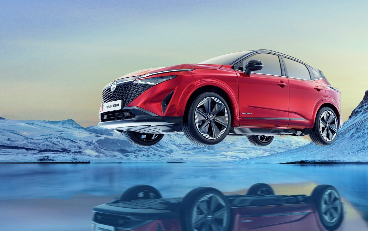 Red Nissan Qashqai e-POWER SUV appearing to float above a reflective icy landscape with mountains in the background.
