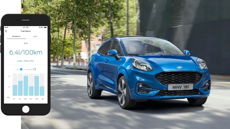 Ford Puma with smartphone app displaying detailed fuel report.