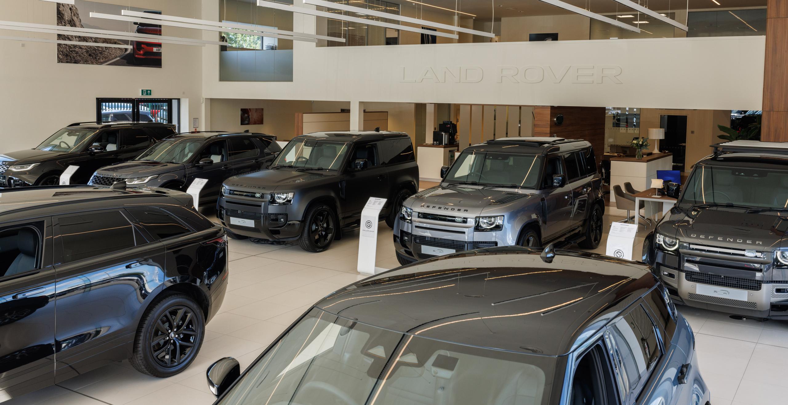 Land Rover models in a Land Rover showroom