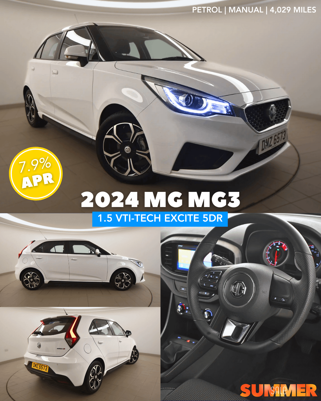 White MG3 pictured from front side and back as well as interior steering wheel
