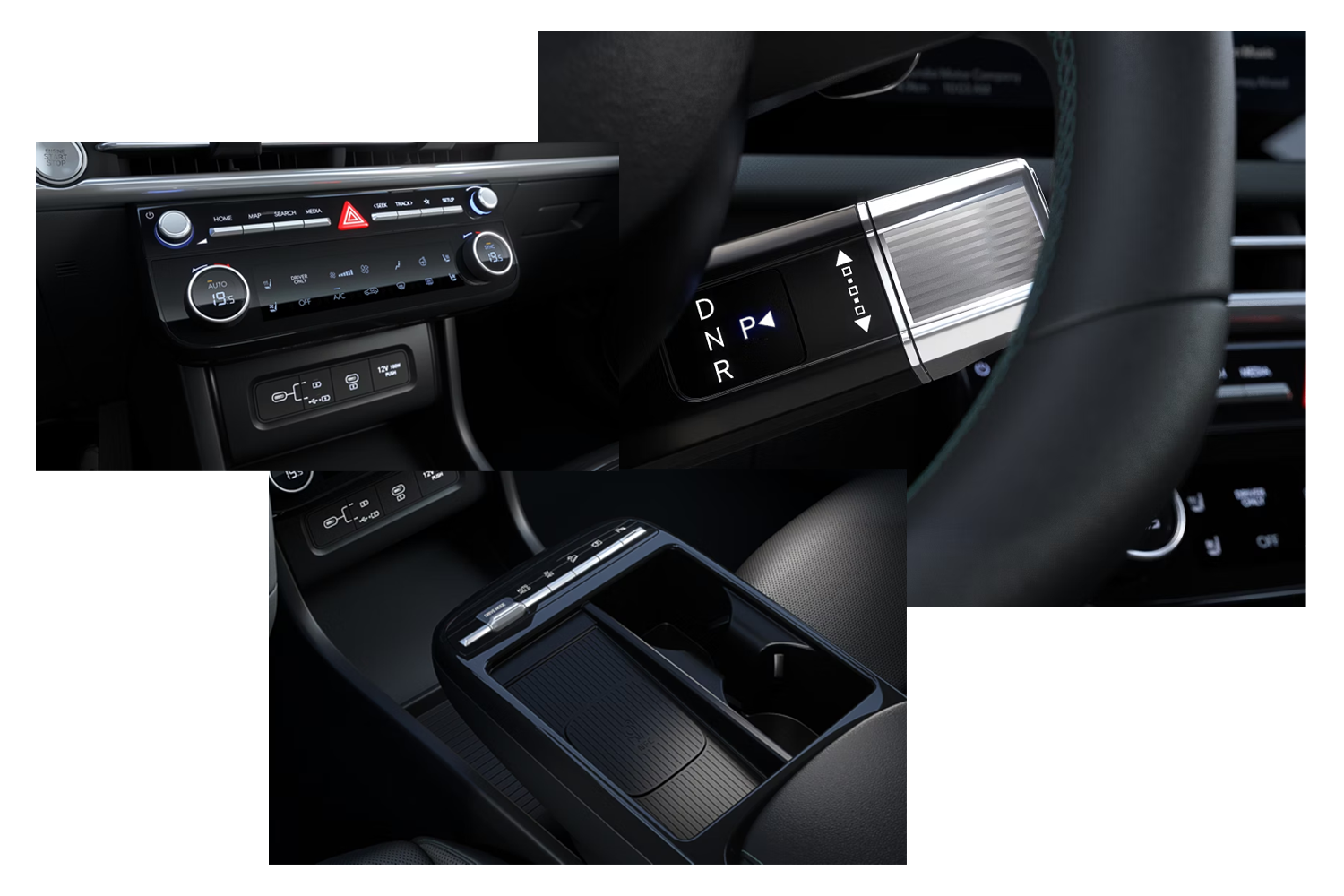 close up of interior features of tucson climate control, centre console and gear shifter