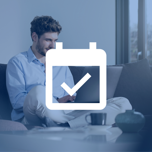 Calendar icon with a person using a laptop in the background.