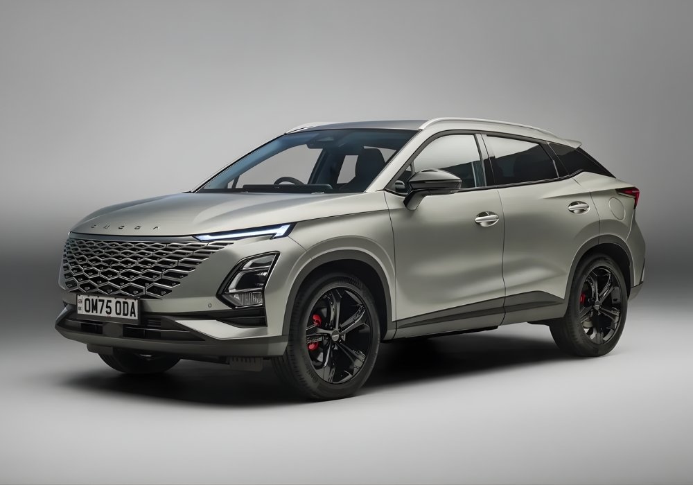 Silver OMODA 5 SUV in a front three-quarter angle on a neutral studio background.