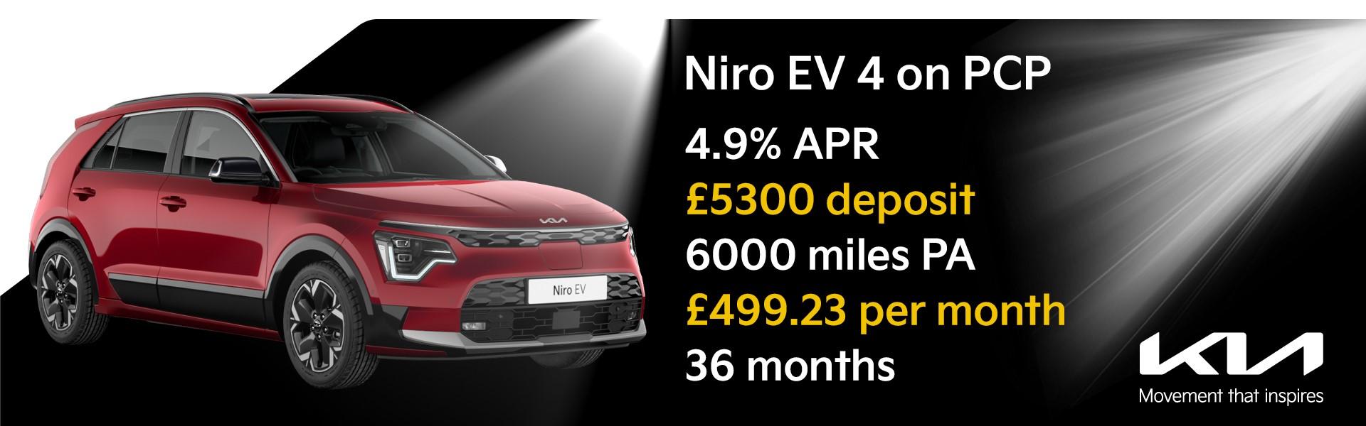 Niro EV 4 on PCP: 4.9% APR, £5300 deposit, 6000 miles PA, £499.23 per month, 36 months