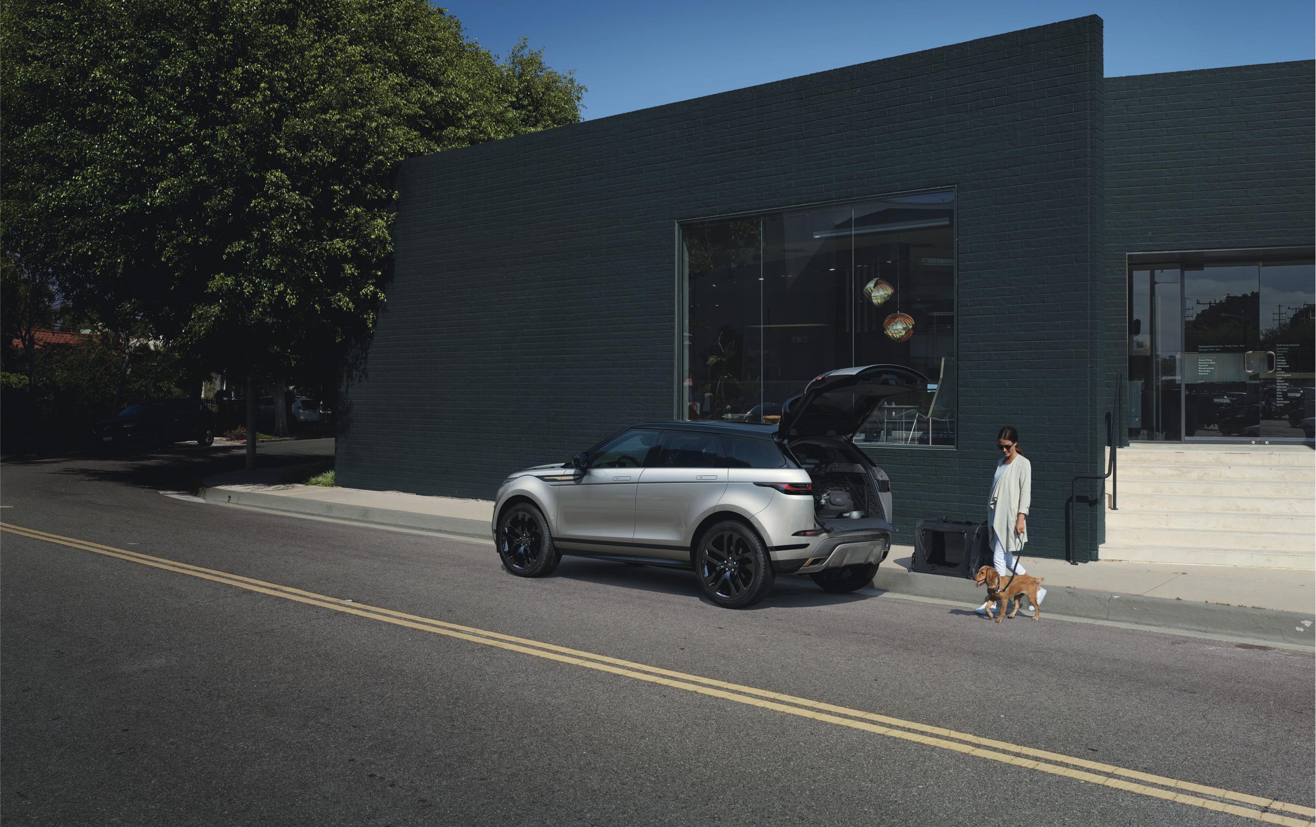 Silver Range Rover Evoque Electric Hybrid Rear Side View