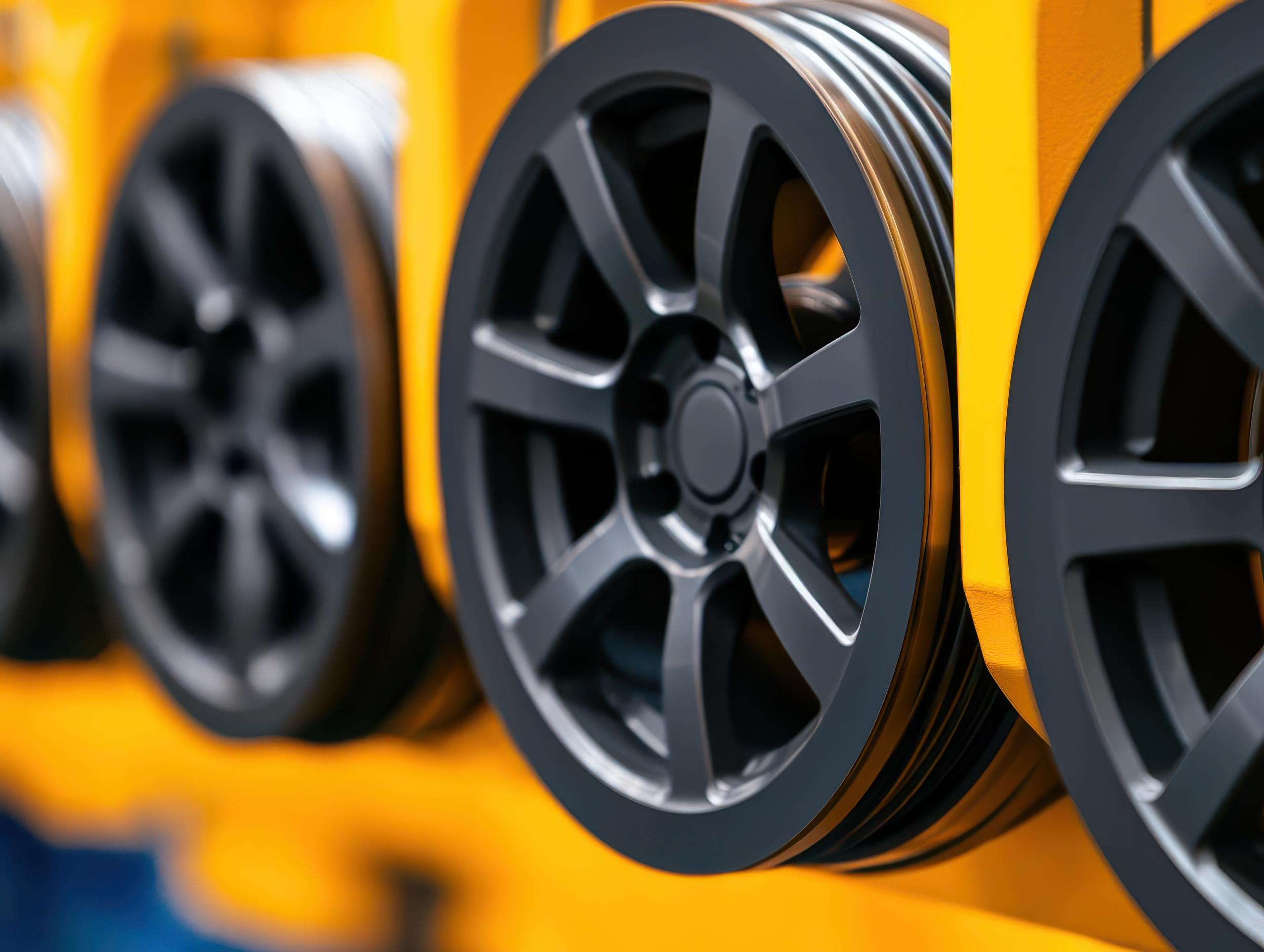 Stock photo showing a stack of wheel rims.