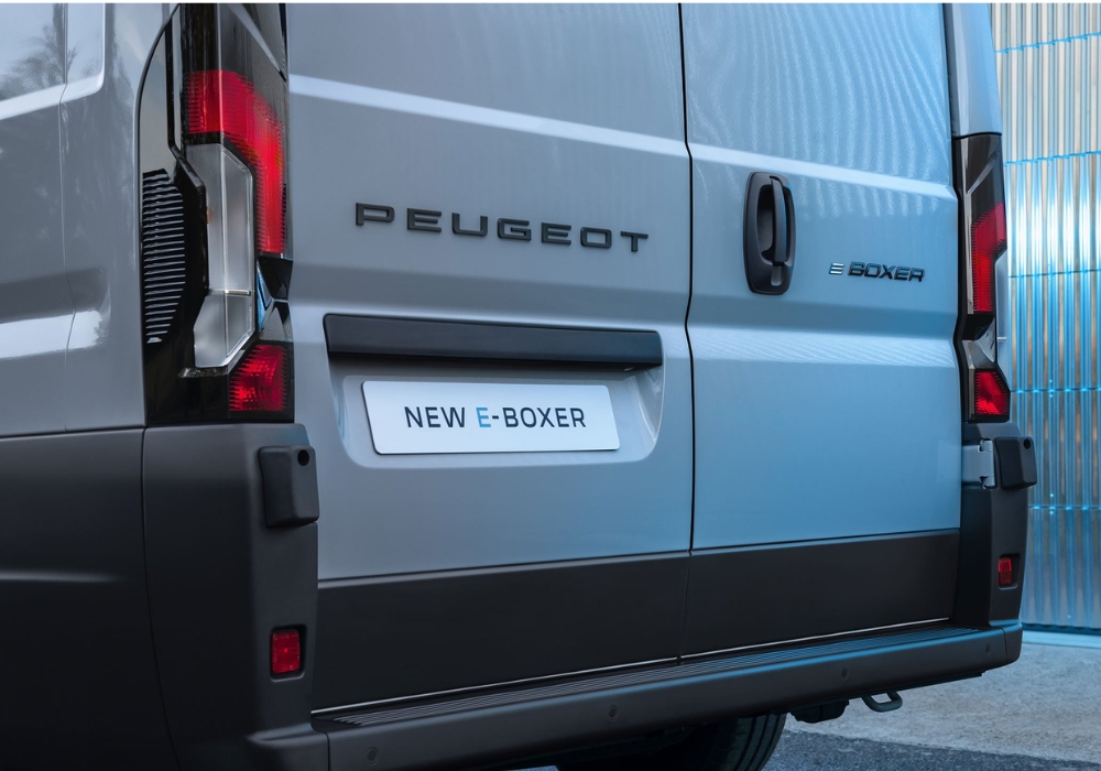 Peugeot e-Boxer rear doors with Peugeot branding and E-Boxer badge detail.