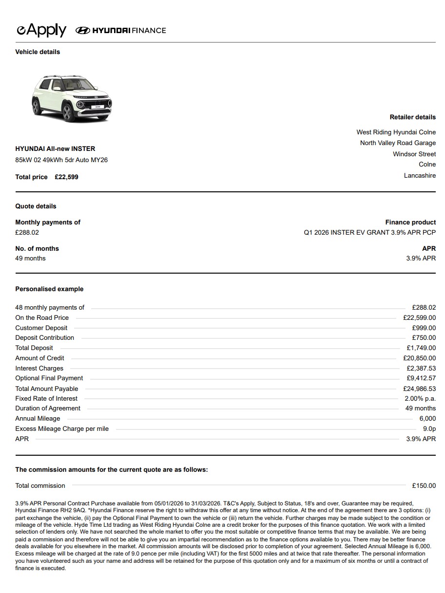west riding hyundai inster finance