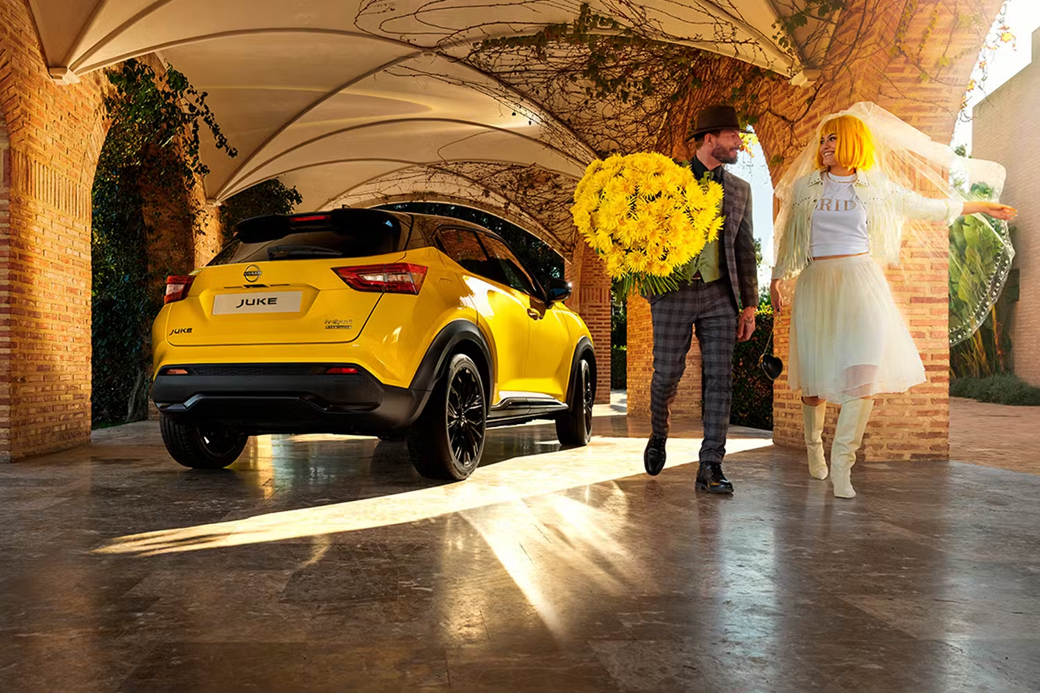 Couple Walking Away From Yellow Nissan Juke