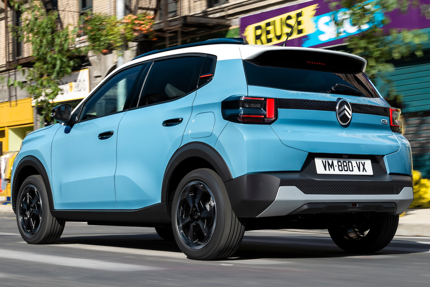side rear view of a blue new C3