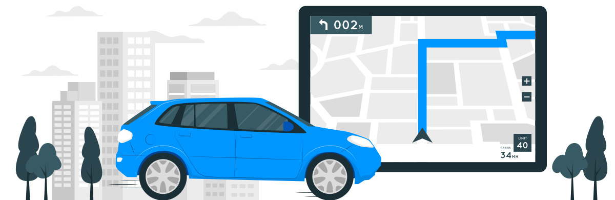 location sat nav blue car buildings