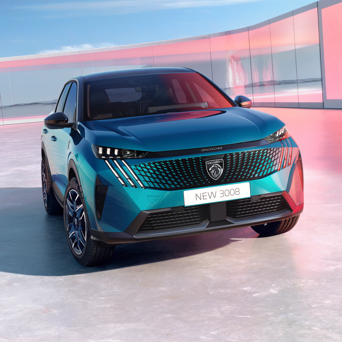 Peugeot 3008 SUV in metallic blue displayed in a modern, reflective setting.