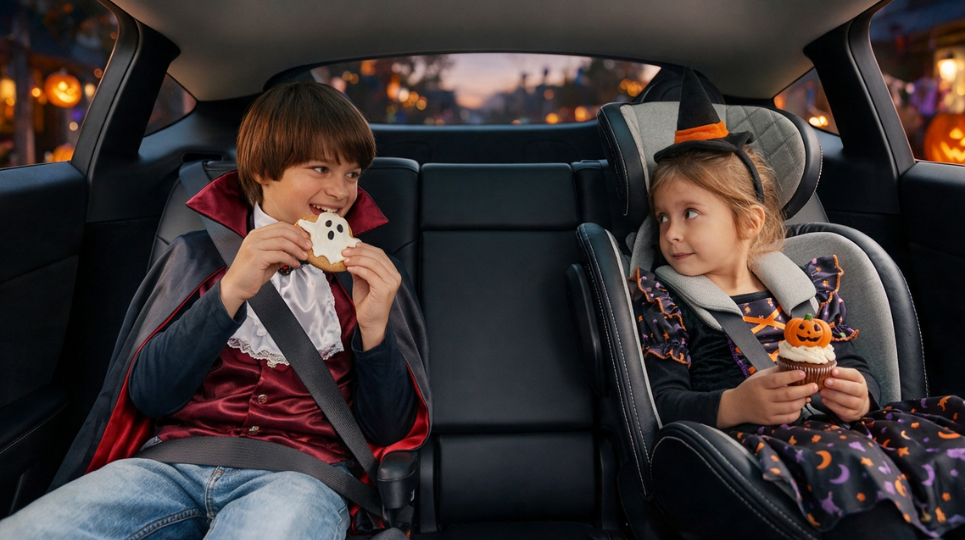 Young boy and girl in the backseat of a car in fancy dress eating halloween snacks