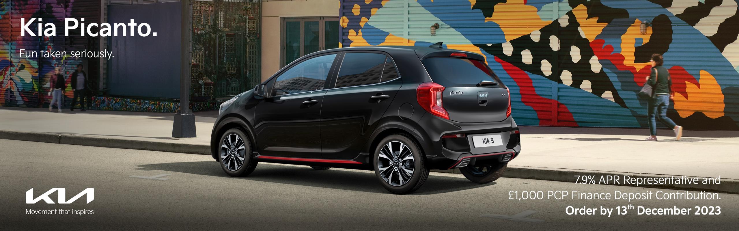 Kia Picanto - fun taken seriously. 7.9% APR representative and £1,000 PCP Finance Deposit Contribution. Order by 13th December 2023.