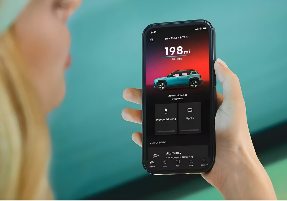 Close up view showcasing the Renault app and its features in a smartphone. 