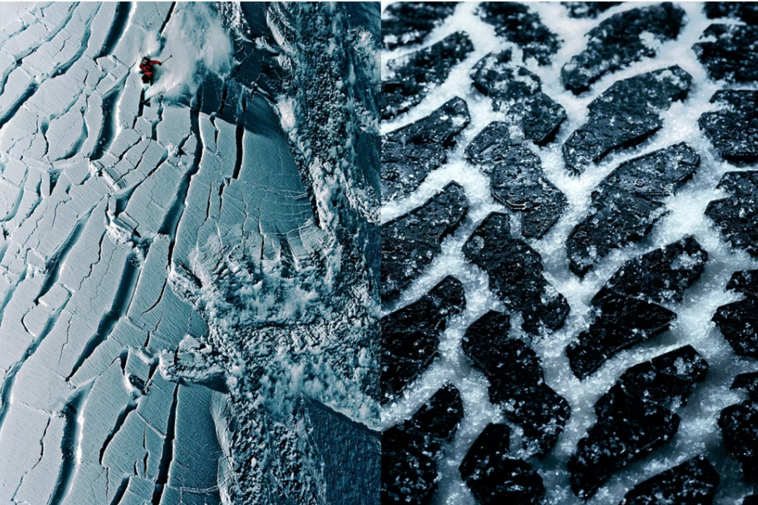 All-terrain tyre tread pattern compared with rugged icy terrain.