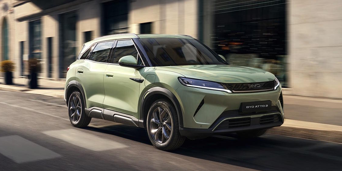 BYD Atto 2 on the road in green
