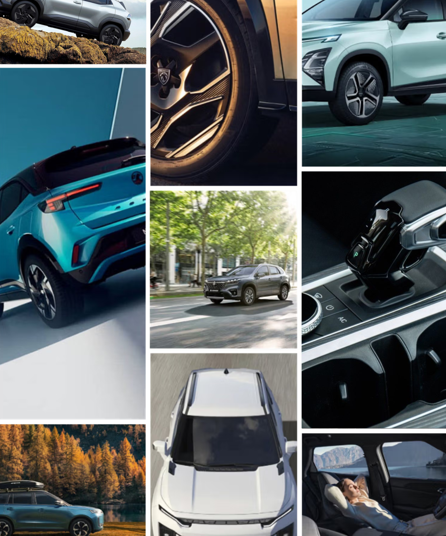 Collage of car details including vehicle bodywork, alloy wheels, a gear selector and cars on the road.