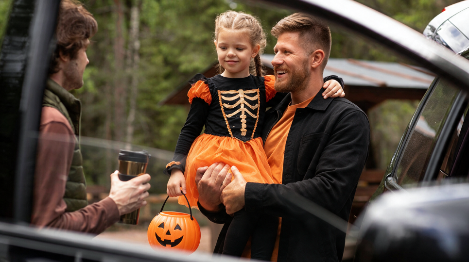 Young girl in fancy dress ready to get into the car to go trick or treating with her dad