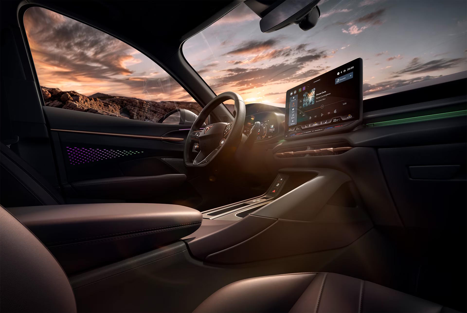 CUPRA Terramar interior with a digital display and ambient lighting at sunset.