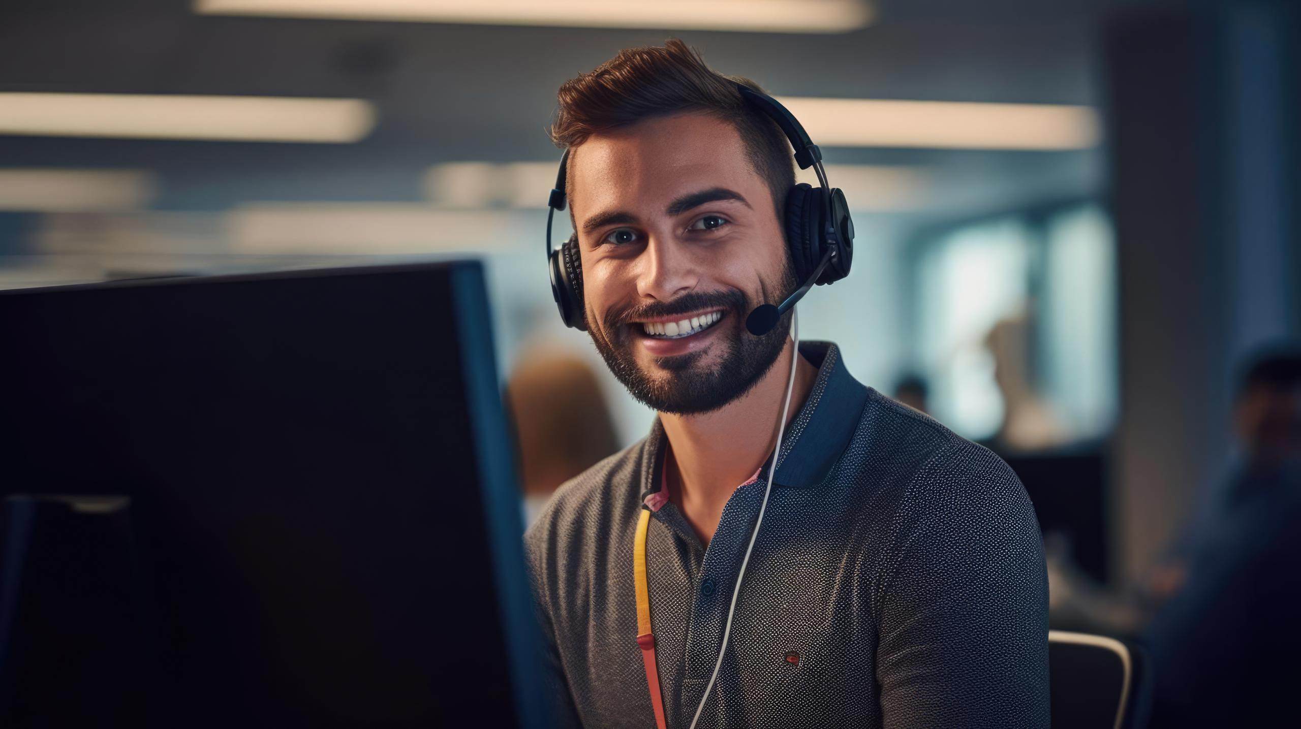 Stock photo of a man working in customer support with a headset at his desk.