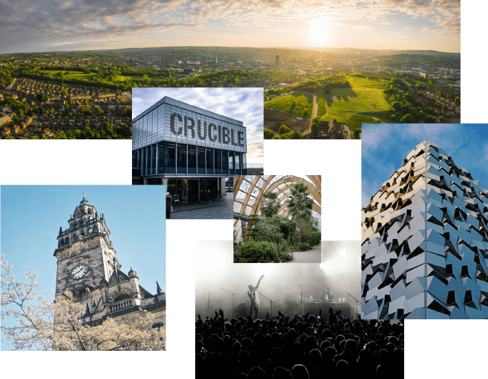 Collage showcasing Sheffield city landmarks including the Crucible Theatre, Town Hall clock tower, Winter Garden conservatory and distinctive Cheese Grater building against panoramic hillside views.
