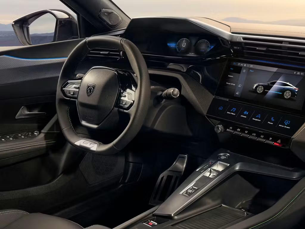 Peugeot 408 interior view showcasing the i-Cockpit layout with compact steering wheel, digital instrument cluster, central touchscreen displaying vehicle settings and ambient blue lighting accents.