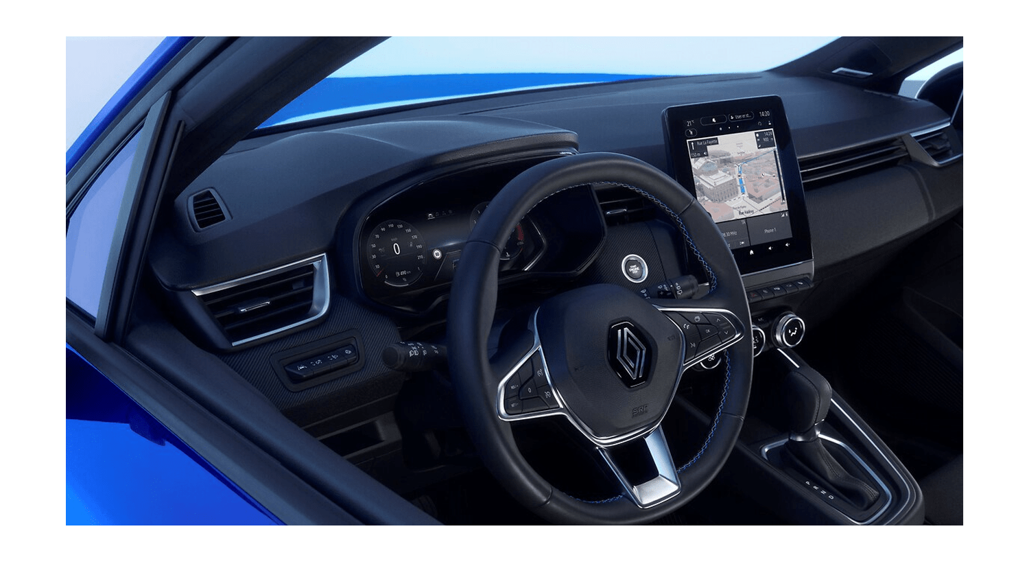 interior shot of clio steering wheel and instrument panel