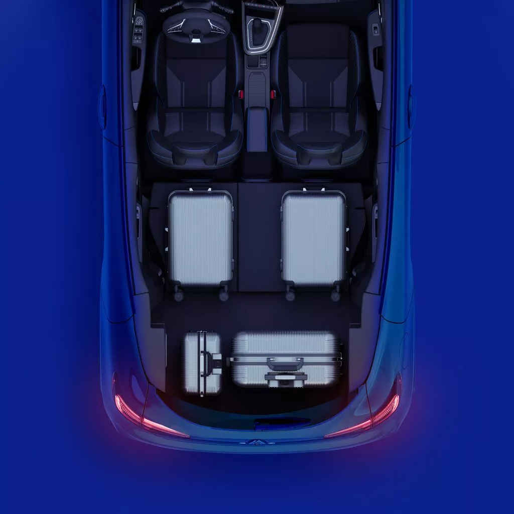 Blue Renault Clio E-Tech aerial view of car open top