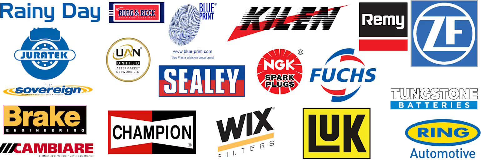 Collection of automotive parts and servicing brand logos, including NGK, Bosch, Champion, Sealey, and ZF.
