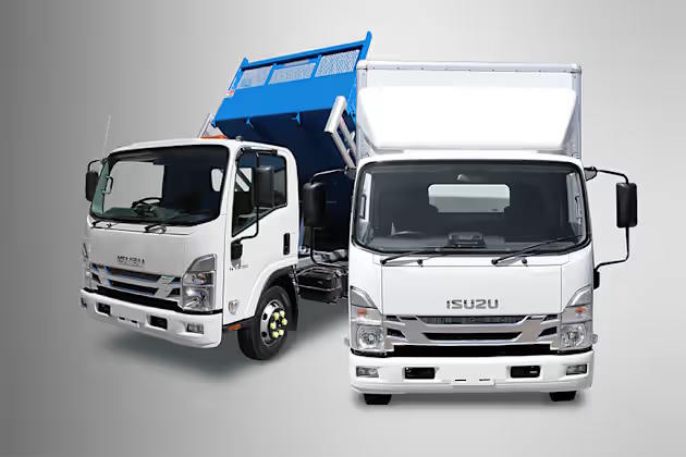Front and side view of Isuzu tipper trucks showcasing raised tipping bodies and commercial vehicle design.