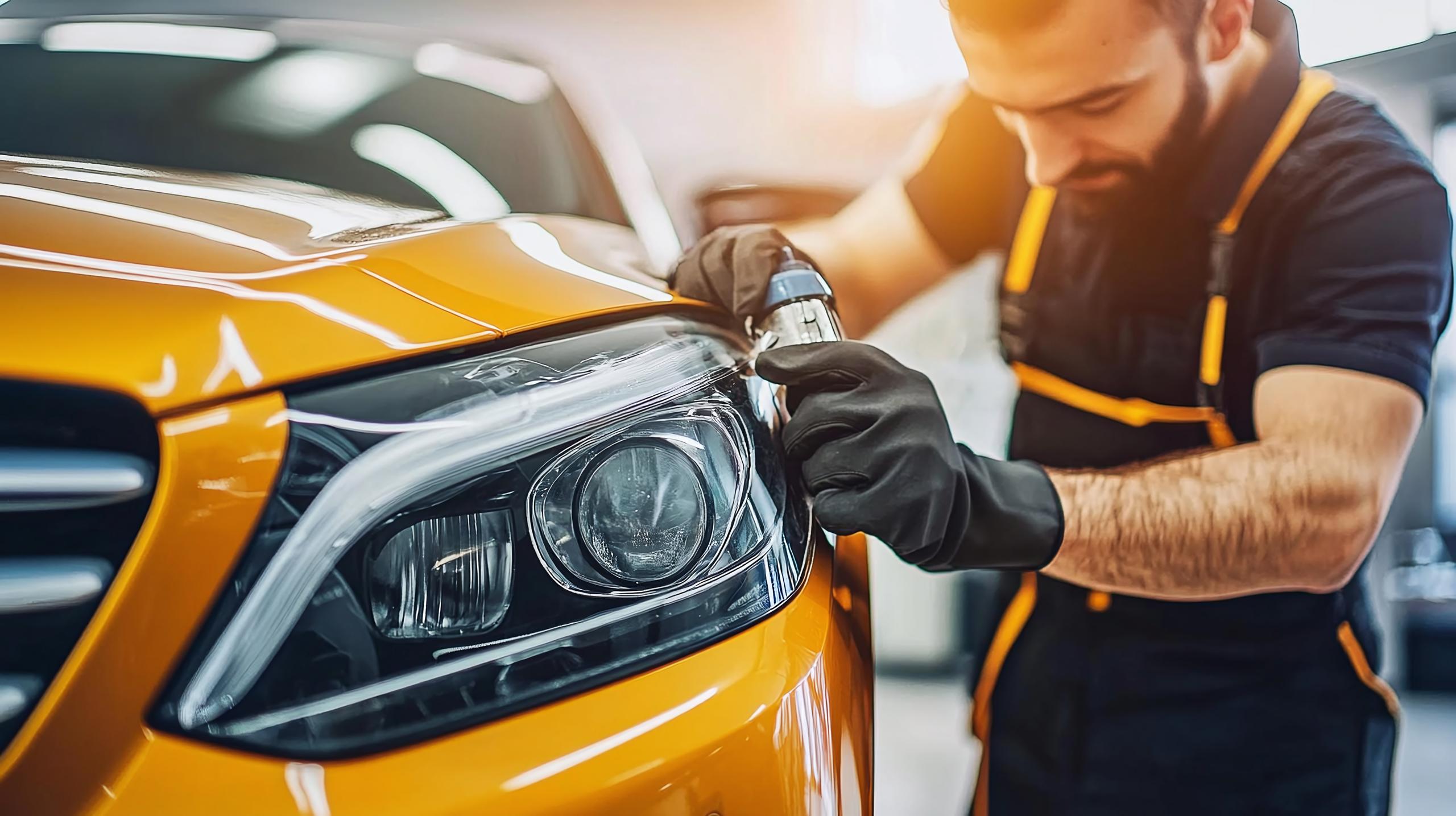 Stock photo of a mechanic repairing the front lights of a car.