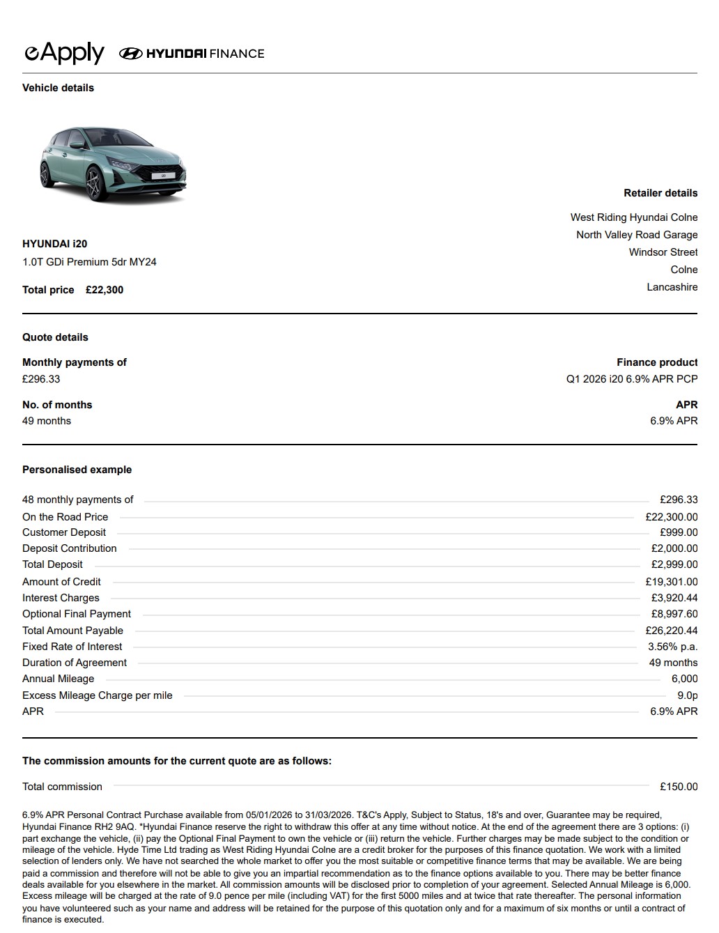 west riding hyundai i20 finance
